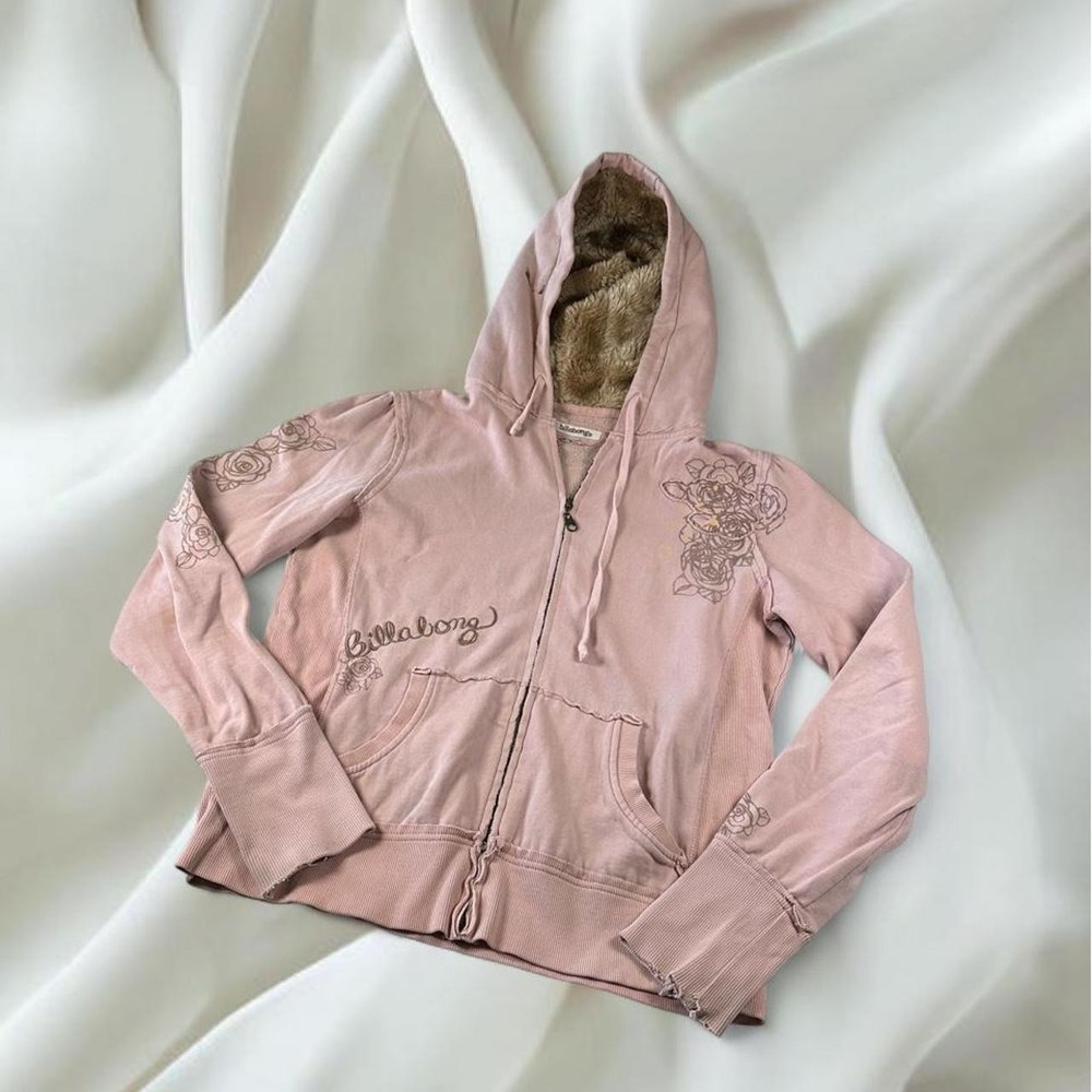 Billabong pink floral fur lined zip up jacket y2k mcbling mallcore fairy boho